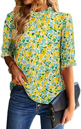 Elegant Mock Neck Ruffle Top unique Folwer Print Short Sleeves
